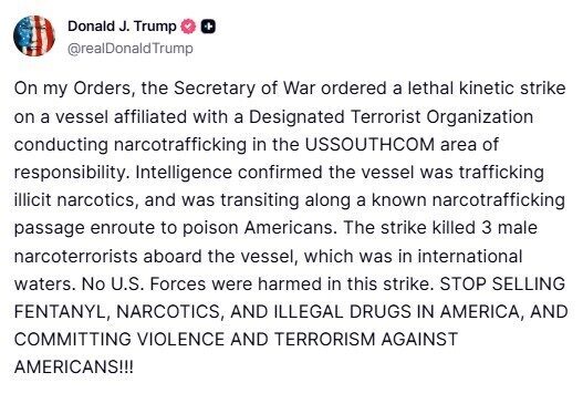 ABD Başkanı Trump: “Uyuşturucu taşıyan bir tekneye saldırı düzenleyerek 3 narko-teröristi öldürdük” ABD Başkanı Donald Trump, ABD ordusunun uyuşturucu taşıyan bir tekneye