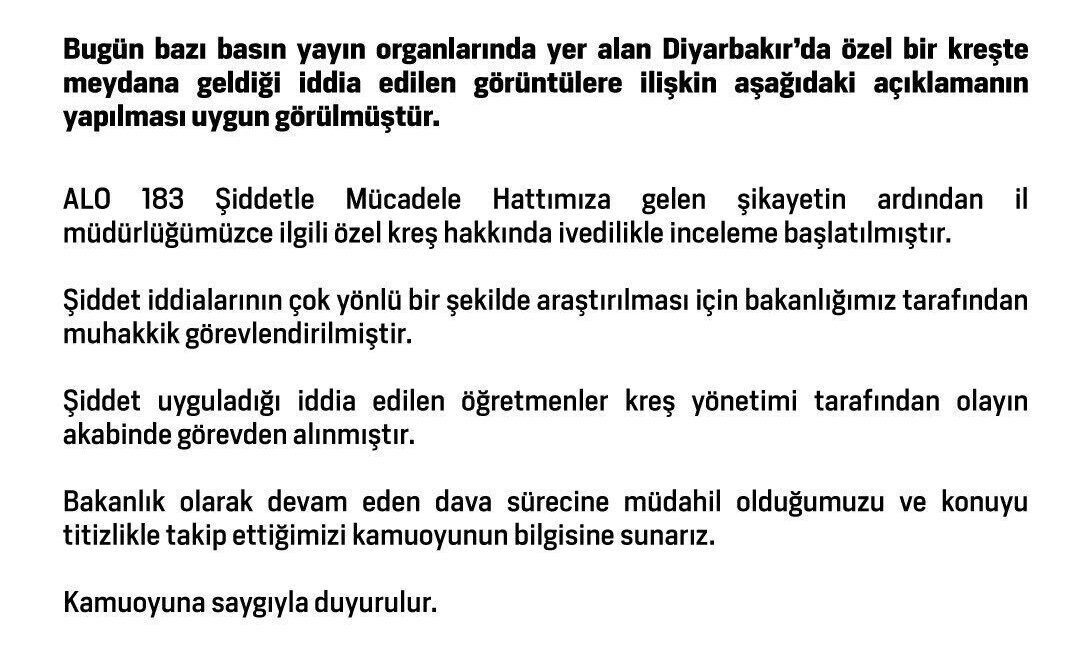 Aile ve Sosyal Hizmetler Bakanlığı’ndan Diyarbakır’daki özel kreş hakkında inceleme Aile ve Sosyal Hizmetler Bakanlığı tarafından Diyarbakır’daki özel kreşte meydana