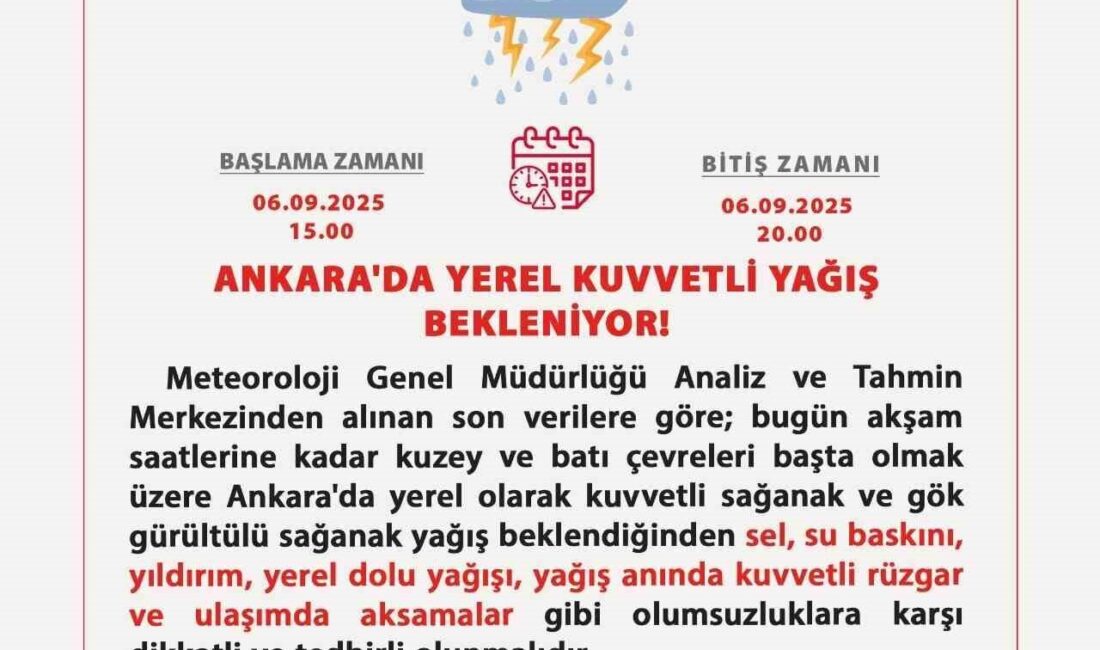 Ankara Valiliği kuvvetli yağışa karşı uyardı Ankara Valiliği yerel kuvvetli yağış beklendiğini belirterek uyarıda bulundu. Ankara