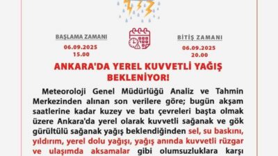 Ankara Valiliği yerel kuvvetli yağış beklendiğini belirterek uyarıda bulundu. Ankara