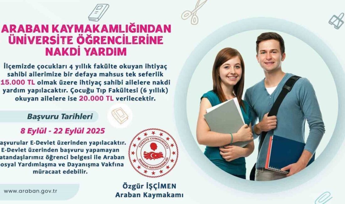 Araban Kaymakamlığı’ndan üniversite öğrencilerine nakdi yardım Gaziantep Araban Kaymakamlığı, ilçedeki ihtiyaç sahibi ailelerin 4 yıllık fakülte