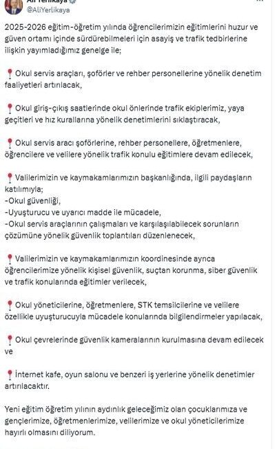 Bakan Yerlikaya’dan, 2025-2026 eğitim öğretim yılı için alınan tedbirlere ilişkin açıklama İçişleri Bakanı Ali Yerlikaya, 2025-2026 eğitim öğretim yılında öğrencilerin eğitimlerini
