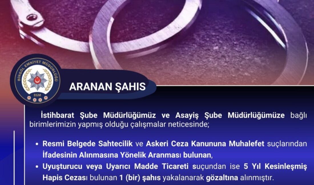 Bingöl’de kesinleşmiş hapis cezası bulunan zanlı yakalandı Bingöl’de kesinleşmiş hapis cezası bulunan zanlı polis ekipleri tarafından yakalandı.