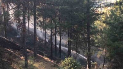 Denizli’nin Buldan ilçesinde ormanlık alana sıçrayan orman yangını, havadan ve