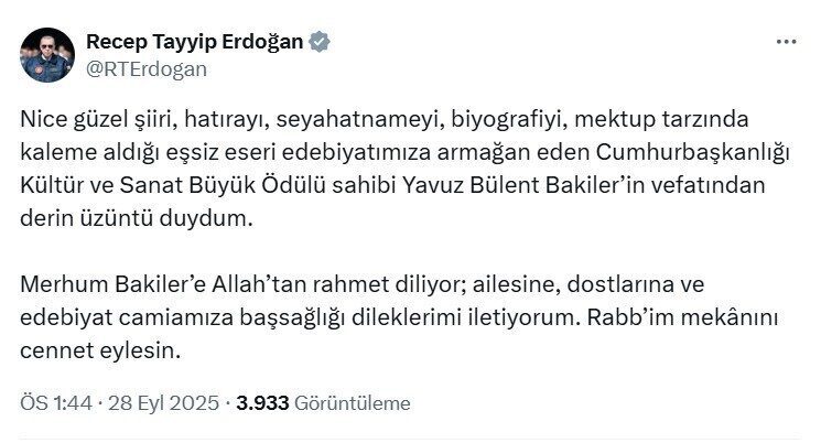 Cumhurbaşkanı Erdoğan’dan Bakiler için başsağlığı mesajı Cumhurbaşkanı Recep Tayyip Erdoğan, Cumhurbaşkanlığı Kültür ve Sanat Büyük Ödülü