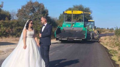 Çanakkale’de bir çift, damadın operatör olarak çalıştığı sıcak asfalt dökme