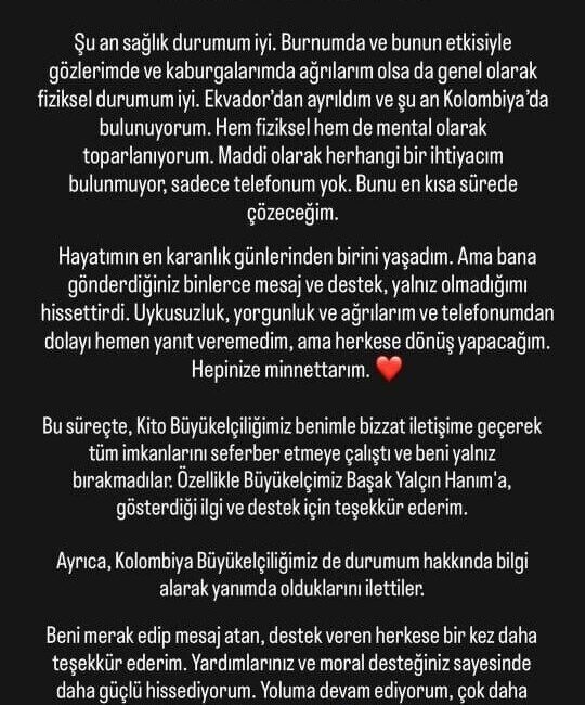 Ekvator’da saldırıya uğradığını paylaşan Türk gezginle Türk Büyükelçiliği temasa geçti Ekvador’da seyahat ederken gaspa uğradığını ve karteller tarafından kaçırıldığını iddia