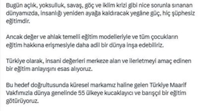 Cumhurbaşkanı Recep Tayyip Erdoğan’ın eşi Emine Erdoğan, insanların savaşla, zulümle,