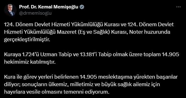 Eş ve Sağlık kurası gerçekleşti Sağlık Bakanı Kemal Memişoğlu, 124. Dönem Devlet Hizmeti Yükümlülüğü Kurası