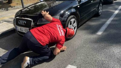 Ordu’nun Ünye ilçesinde, bir otomobilin motor kısmına giren yavru kedi,