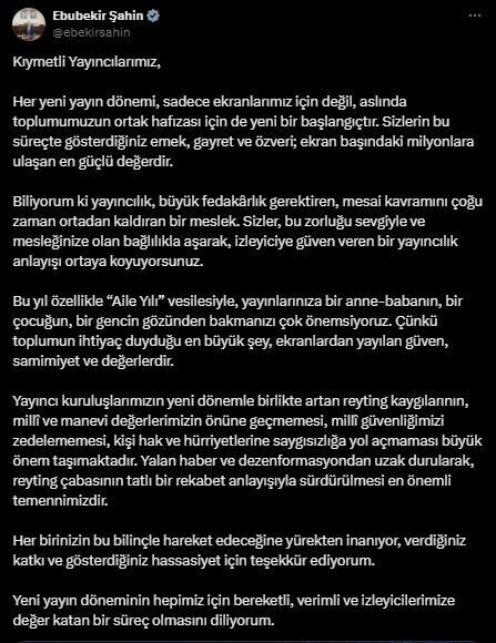 RTÜK Başkanı Şahin: “Reyting çabasının tatlı bir rekabet anlayışıyla sürdürülmesi en önemli temennimizdir” Radyo ve Televizyon Üst Kurulu (RTÜK) Başkanı Ebubekir Şahin, “Yalan