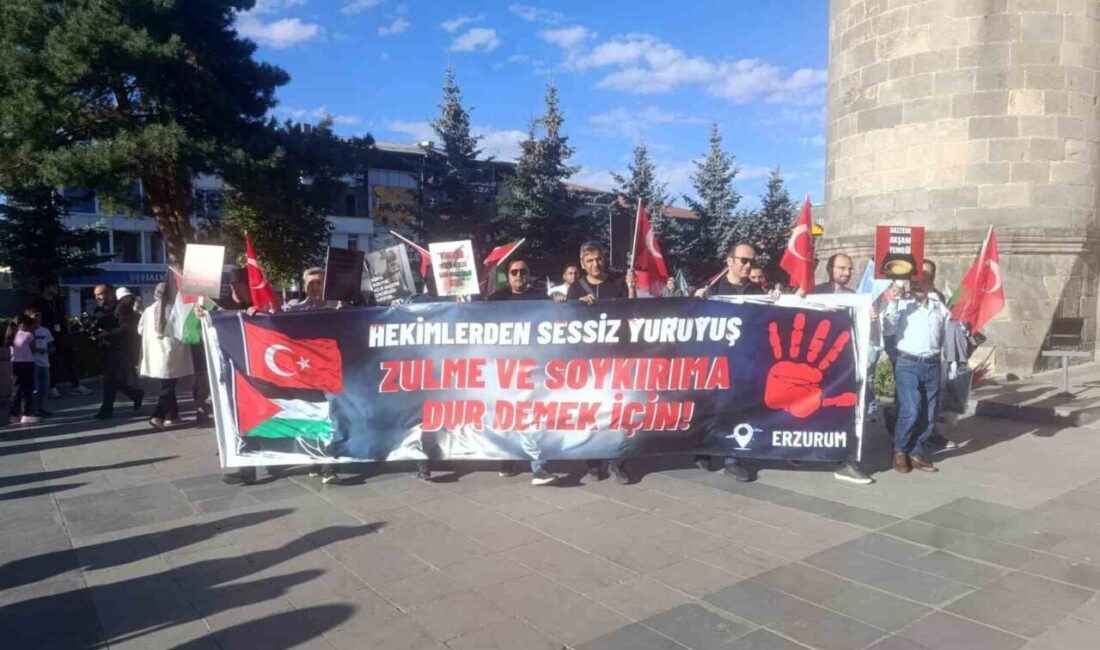 Sağlık çalışanları Gazze için yürüdü Erzurum’da hekimler ve sağlık çalışanları, İsrail’in Gazze’ye yönelik saldırılarını protesto