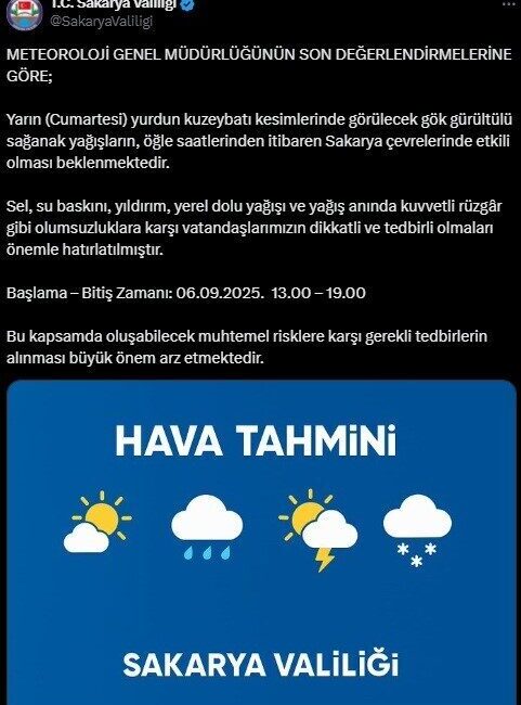 Sakarya’da kuvvetli sağanak yağış uyarısı Sakarya Valiliği, Meteoroloji Genel Müdürlüğü’nün son değerlendirmelerine göre şehir genelinde