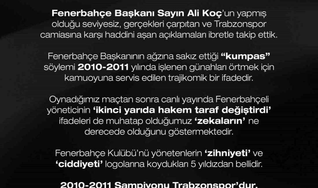 Trabzonspor Başkanı Ertuğrul Doğan’dan sert açıklama Trabzonspor Kulübü Başkanı Ertuğrul Doğan, Fenerbahçe Başkanı Ali Koç’un açıklamalarına