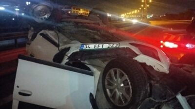 Sancaktepe’de gece saatlerinde hızlı seyreden otomobil, öndeki otomobile çarparak takla