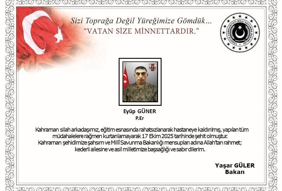 MSB: “Kahraman silah arkadaşımız, eğitim esnasında rahatsızlanarak hastaneye kaldırılmış, yapılan tüm müdahalelere şehit olmuştur” Milli Savunma Bakanlığı (MSB), Tokat’ta görev yapan Piyade Er Eyüp