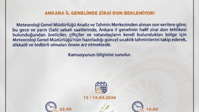 Ankara Valiliği, Meteoroloji verilerine dayanarak il genelinde zirai don beklendiğini