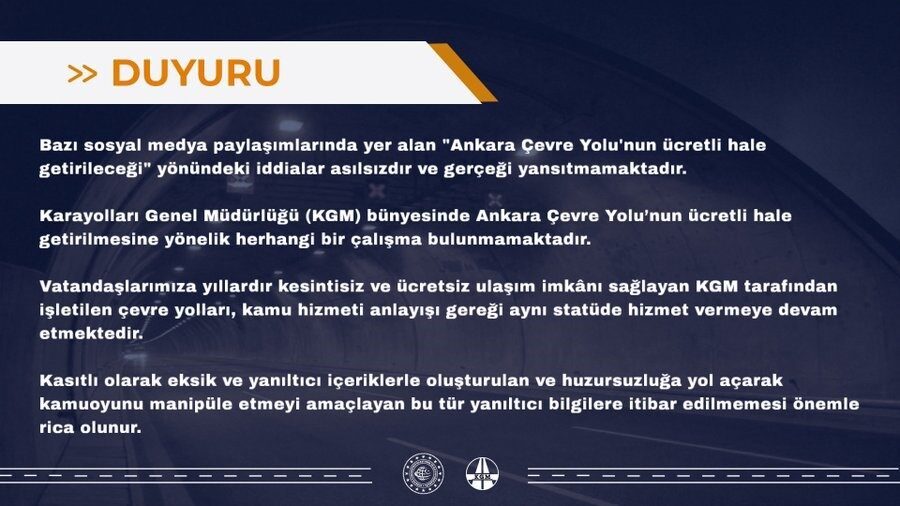 Karayolları Genel Müdürlüğü (KGM), ’Ankara Çevre Yolu’nun ücretli hale getirileceği’