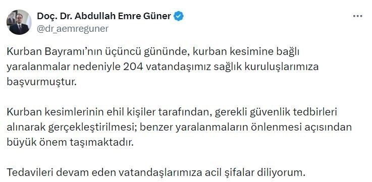 İstanbul İl Sağlık Müdürü Abdullah Emre Güner, Kurban Bayramı’nın üçüncü
