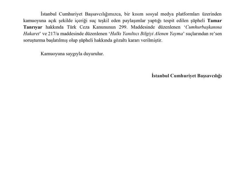 İstanbul Cumhuriyet Başsavcılığı, sosyal medya paylaşımları nedeniyle Tamar Tanrıyar hakkında