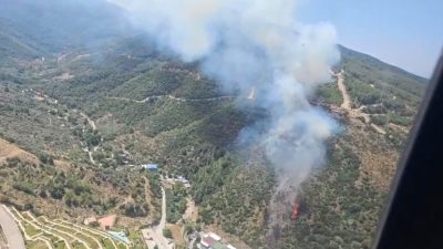 İzmir’in Narlıdere ilçesinde çıkan orman yangınına havadan ve karadan müdahale