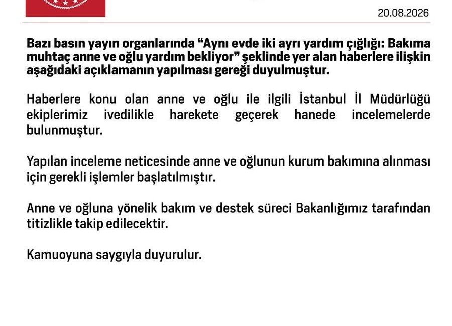 Aile ve Sosyal Hizmetler Bakanlığı, İstanbul’da yaşayan bakıma muhtaç kadın