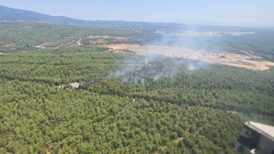 İzmir’in Buca ilçesinde çıkan orman yangını, ekiplerin havadan ve karadan