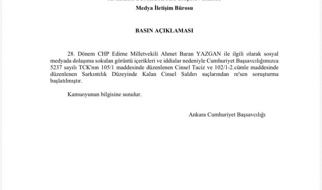 Ankara Cumhuriyet Başsavcılığı tarafından 28. Dönem CHP Edirne Milletvekili Ahmet